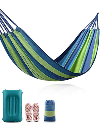 Hamaca de Algodón con una Almohada Azul, 220 x 80 cm, Máxima Capacidad de Carga 200 kg, Hamaca con Bolsa de Transporte, para Mochilero Camping Patio Trasero Jardín Rayas Azul-Verdes