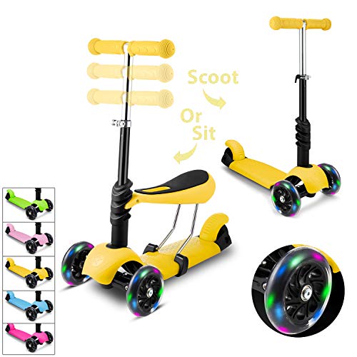 Hikole Patinete para Niños, Patinete de 3 Ruedas con Altura Adjustable Asiento extraíble y Adjustable Manillar en T LED Enciende la Rueda para niños Chicos Chicas 2-8 años de Edad