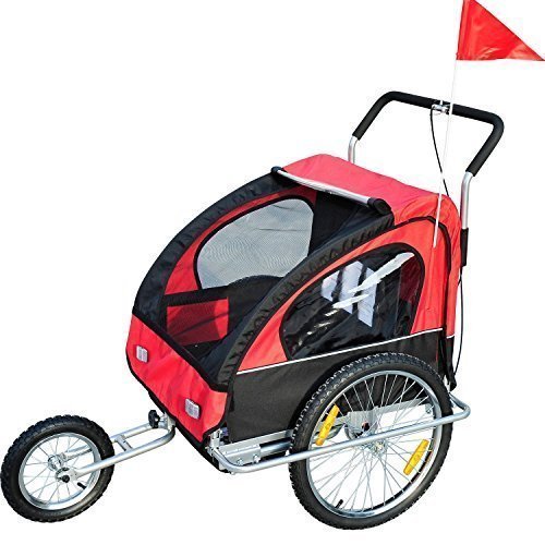 HOMCOM Remolque para Niños 2 PLAZAS con Amortiguadores Carro para Bicicleta CON BARRA INCLUIDA y Kit de Footing COLOR ROJO Y NEGRO