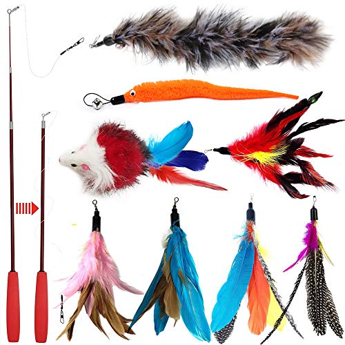 Juguete de varita con plumas retráctil, para gatos, interactivo, con 8 repuestos de plumas, pájaros y ratones, de OneBarleycorn Juguete de varita con plumas retráctil, para gatos, interactivo, con 8 repuestos de plumas, pájaros y ratones, de OneBarleycorn