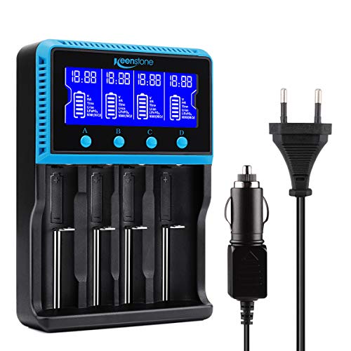 Keenstone 18650 Cargador Batería Universal, Cargador Pilas AA y AAA con Pantalla LCD para Baterías Recargables Ni-MH Ni-CD LiFePO4 Li-Ion CR123A 10440 14500 16340 26650 21700 (4 Ranuras)