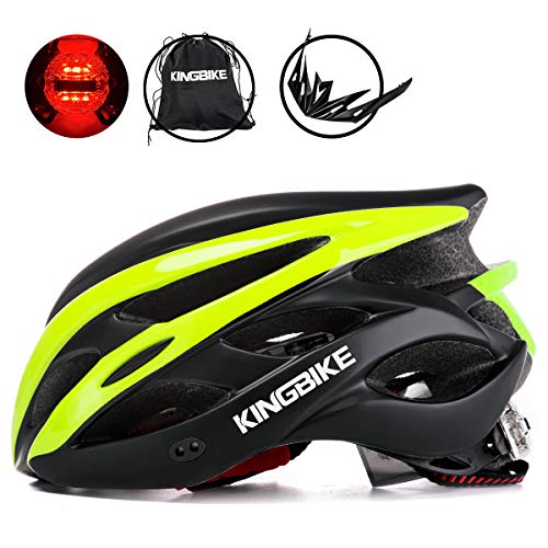 KING BIKE - Casco de ciclismo + mochila para casco portátil, visera desmontable, luz LED trasera de seguridad, certificación CE (M/L; L/XL), Unisex adulto, color Negro y verde., tamaño XL:59-63CM