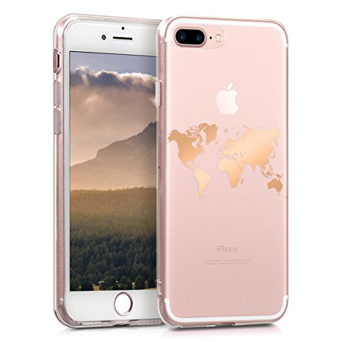kwmobile Funda Compatible con Apple iPhone 7 Plus / 8 Plus - Carcasa de TPU Mapa del Mundo en Oro Rosa/Transparente