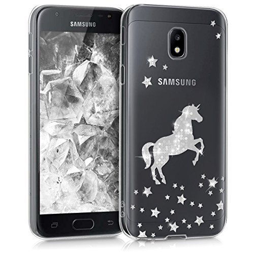 kwmobile Funda compatible con Samsung Galaxy J3 (2017) DUOS - Carcasa de TPU con diseño de unicornio brillante en plata / transparente