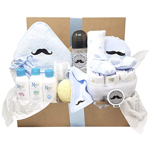 Mababyshop - Cesta para bebé Happy Kids, original regalo para bebés con divertidos labios y bigotes que lleva capa de baño, cepillo y peine, gorrito, patucos y productos de aseo de bebé… (Bigote)
