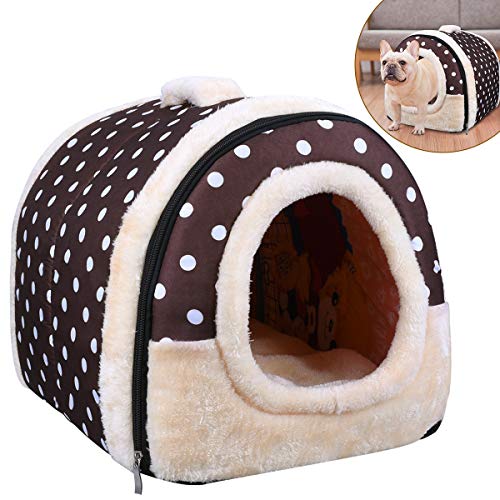 OZUAR Cama para perro, 2 en 1, para gato, casa de mascotas y sofá, plegable, para invierno, suave, cálida, cama para perro, cojines extraíbles para gato, perro, cachorro, conejo, café (45x35x35cm)