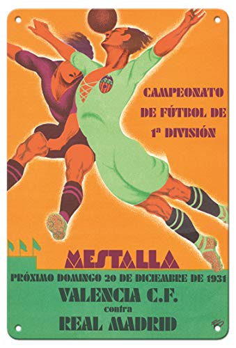 Pacifica Island Art - 22 x 30 cm Cartel de hojalata - Campeonato de Fútbol de 1a División - Valencia C.F. contra Real Madrid - Mestalla - Póster Deportivo de Formo c.1931