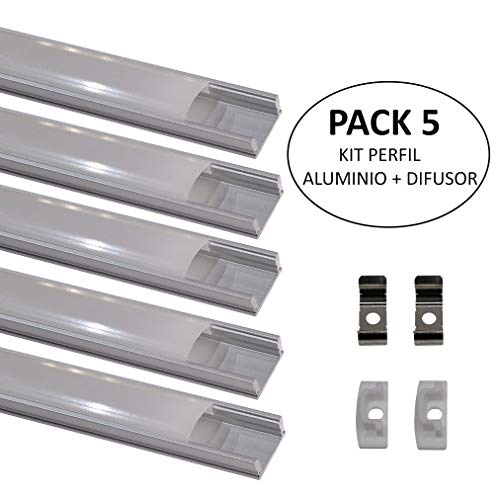 Pack 5x Perfil de Aluminio para Tira LED con Tapa Translucida. Tapones de los Extremos y clips de montaje Incluidos.…