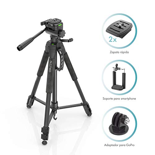 PAZZiMO trípode cámara réflex Negro para Canon, con rótula panorámica y Otros Accesorios como un Soporte GoPro y Muy Estable, con Funda de Transporte para Viajar.