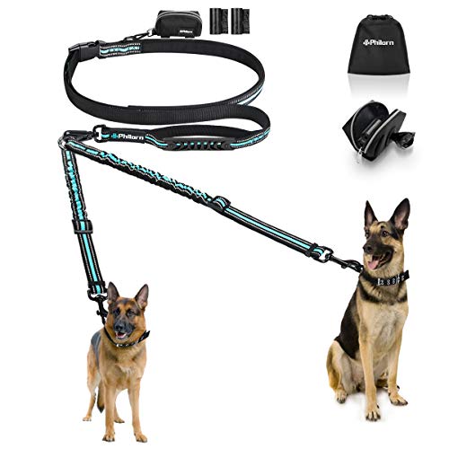 PHILORN Correa Doble para Perros Manos Libres (66-84") - Reflectante, Desmontable - Plomo Doble para Perros que Absorbe los Impactos (110lbs), Separador de Correa Doble sin Enredos, con 2 Asas y Bolsa