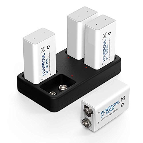 POWEROWL Cargador de Pilas Recargables 9V con 4 Unidades 600mAh 9V Pilas Recargable de Litio para Detectores de Humo y más POWEROWL Cargador de Pilas Recargables 9V con 4 Unidades 600mAh 9V Pilas Recargable de Litio para Detectores de Humo y más