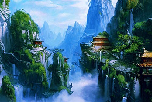 Puzzles 1000 Pieces,Fantasía Arte Asiático Oriental Castillos Montañas Cascadas Niebla Rompecabezas De Paisajes Naturales,Juego De Jigsaws Puzzle Para Niños Adultos-75*50Cm(Puzzle De Pintura)