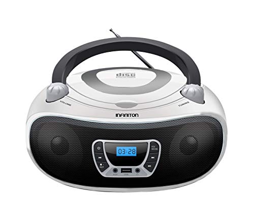 Radio CD INFINITON Boombox (Lector de CD/Mp3/WMA, USB. Radio FM, AUX, Display LED) (con Bluetooth, Blanco)
