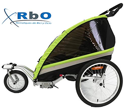 RBO509 Remolque de Bicicleta para niños Travel, 2 PLAZAS, Plegado rapido, antivuelvo, Manillar Regulable, Rueda 360, Frenos Independientes.