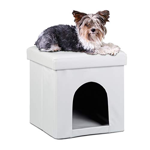 Relaxdays Taburete Casa para Perros Plegable, Piel sintética, Blanco, 38 x 38 x 38 cm