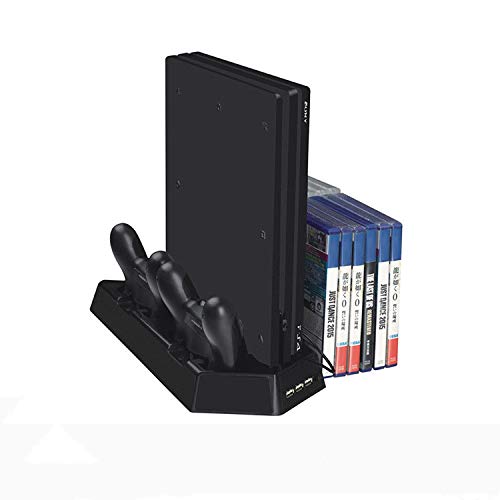 Rixow Soporte PS4 Slim / PS4 Pro/PS4 Regular Cargador de Vertical con Ventiladores Estación de carga, Cabe 14 Discos de Juego, HUB USB para Sony PlayStation 4 Cargador de consola Slim/ Pro Dualshock4