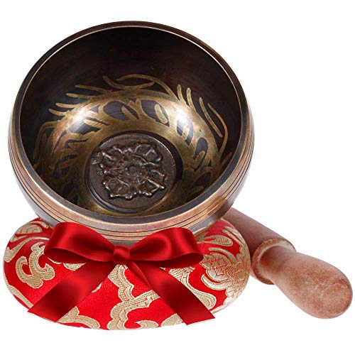 Rovtop Cuenco Tibetano a Mano para la Meditación Chakra Healing, Oración, Yoga, Budismo y Sanación a través de la Vibración Cuenco, Incluye un Cojín y la Baqueta (Rojo)