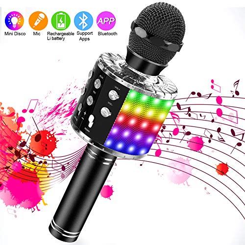 SaponinTree Microfono Inalámbrico Karaoke, Micrófono Karaoke Bluetooth Portátil con Altavoz con Luces de Baile LED para Canta Partido Musica Reproductor