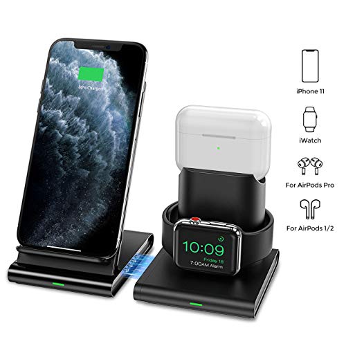 Seneo Cargador Inalámbrico Rápido - 7.5 W Cargador Doméstico 3 en 1 para iPhone 8 a iPhone 11 Pro, Soporte de Carga Inalámbrico para Apple Watch y AirPods Pro