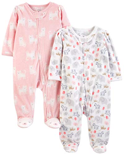 Simple Joys by Carter's 2-Pack Fleece Footed Sleep Play Infant-and-Toddler-Bodysuit-Footies, White Animals Green/Pink Kitty, Bebé prematuro,