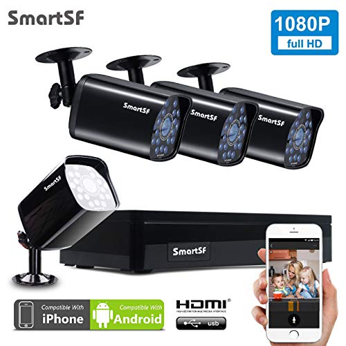 SmartSF CCTV 2.0 MP Kit de videovigilancia, 4CH 1080P HD AHD DVR 4x1080p 1500TVL Cámara de Vigilancia, con visión Nocturna, detección de Movimiento, Smartphone, PC fácil Acceso Remoto, sin HDD