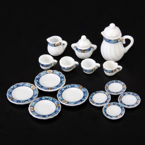 SODIAL (R) 15 pcs casa de munecas en miniatura juego de te de porcelana vajilla plato loza fantastico rompecabezas