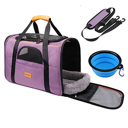 Transportín Perro Gato, Bolsa de Transporte Plegable para Mascotas, Portador de Viaje para Perro y Gato con Correa de Hombro Ajustable + Tazón Plegable, Bolsa de Malla Transpirable para Avion