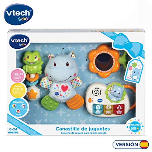 VTech - Canastilla de juguetes, estuche de regalo para bebé recién nacido que incluye peluche mordedor, sonajero, piano interactivo y espejo de seguridad (80-522022)