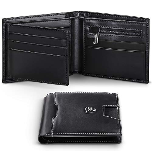 Wilbest Billetera Hombre, Cartera Hombre Piel con Linea Blanca Diseno, Carteras Hombre con Monedero, Cartera Delgada con Tarjertos - 1.5 x 11.5 x 9.5cm con Caja de Regalo, Cuero Genuino Negro