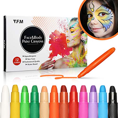 Y.F.M 12 Colores Pinturas Faciales y Corporales, Lapices Faciales - Kit de Decoración de Halloween, Maquillaje Navidad y Fiestas - No Tóxico, Adecuado para Embarazadas y Niños