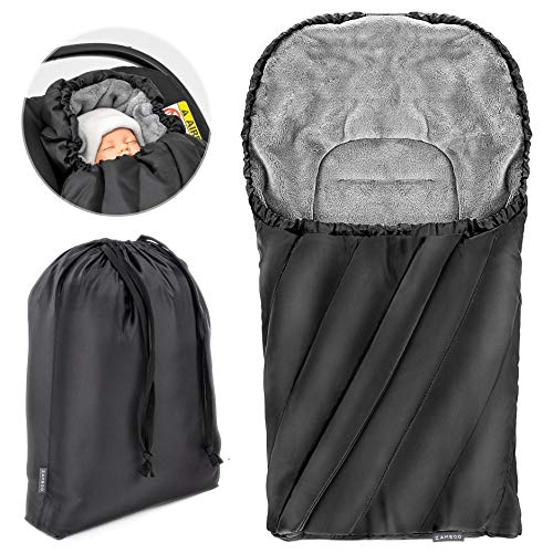 Zamboo - Saco de invierno DELUXE con forro polar térmico, capucha y bolsa para Sillas de Grupo 0+ (se adapta a Maxi-Cosi/Cybex/Römer) - color Negro gris