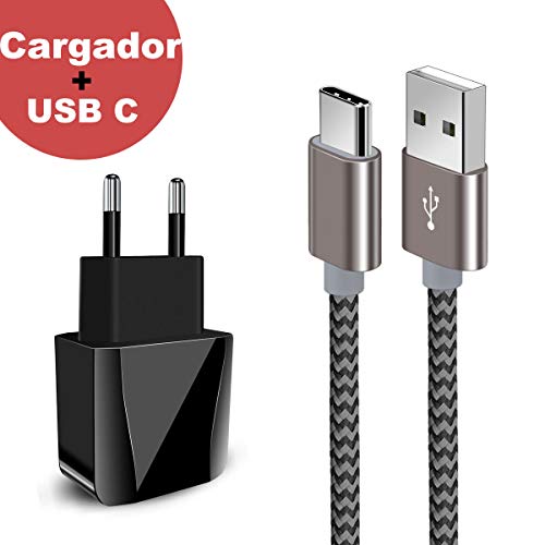 Zeuste-Quick Cargador Móvil con 2 Puertos USB Compatible con la mayoría de Dispositivos móviles,2M Gris Cable USB Tipo C para Samsung Galaxy S9/S8+/Nota 8,conmutador Nintendo,Sony Xperia XZ,Huawei P9