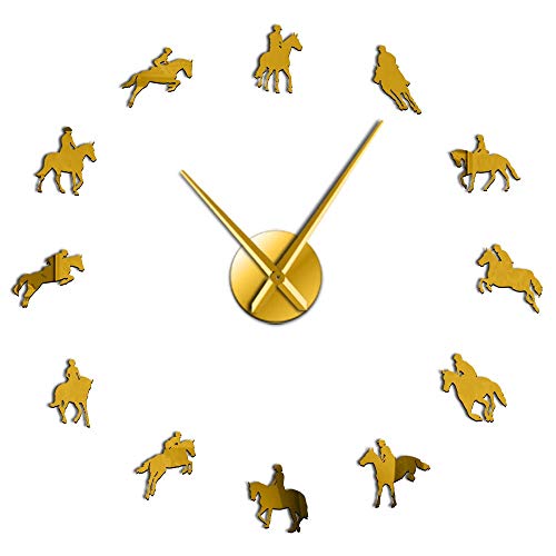 ZNLEY.O DIY Reloj de Pared Grande Equestrianism Decorativo de la Pared del Arte Pegatinas Carrera de Caballos Hípica Efecto del Espejo Arylic Relojes (Color : Gold, Sheet Size : 47 Inch)