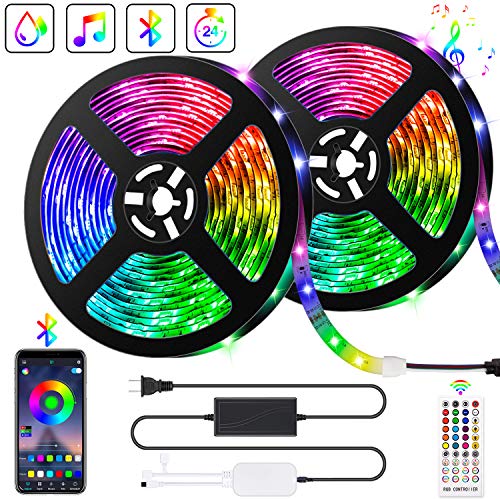 10M Bluetooth Tiras LED Musical 5050 RGB, Akapola Tiras de Luces LED Iluminación con 12V 300 LEDS, Función Musical, Horario Personal, Control de APP y de Control Remoto, Impermeable IP65, Adaptador