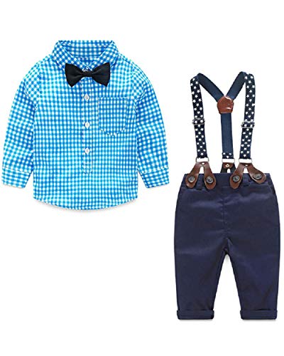 4pcs Infantil Niño Bebé Chicos Largo Manga Pajarita Blusa Camisa a Cuadros + Chaqueta Tirantes + Pantalones Trajes Conjunto（Azul，9-12 Meses）