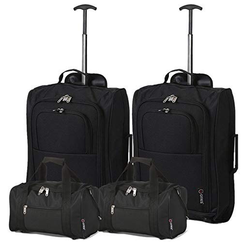 5 Cities - Ryanair Cabin Approved Main & Second Hand Luggage - Carry On Both Equipaje de mano, 54 cm, 42 liters, Negro (Black), conjunto de 2 trolley y 2 bolsas (total: 4)