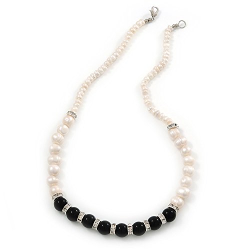 5 mm - 10 mm en color crema de la perla de agua dulce, de color negro de piedra de ágata y cristal - anillos del collar de 45 cm L