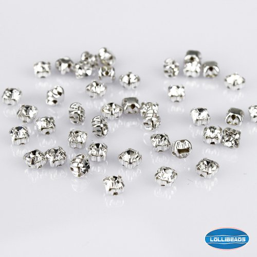 Abalorios de cristal LolliBeads, diamantes de imitación en cristal checo con base de latón bañado en plata, vidrio, White Crystal-4mm-100pcs