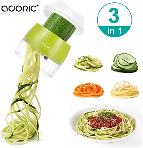 ADORIC Cortador de Verdura 3 en 1 Rallador de Verduras Calabacin Pasta Espiralizador Vegetal Veggetti Slicer Pepino, Espaguetis de Calabacin, Cortador Espiral Manual (Verde)