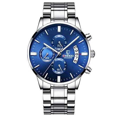 Allskid Hombres Cuarzo Relojes Inoxidable Acero Correa de Reloj Multifunción con Calendario Deportes Relojes de Pulsera (43mm, Plata+Azul)