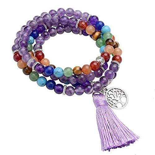 Amery house 6mm Pulsera Mala Budista 108 Beads Collar Pulseras de Cuentas de Piedra 7 Chakras Piedra Natural meditación Budista tibetana Colgante de árbol de la Vida Charms Mujer Brazalete (Morado)