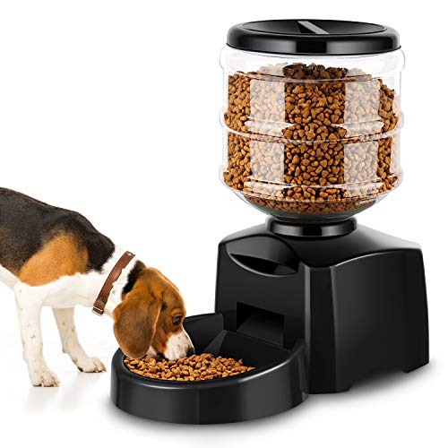 Amzdeal Comedero Automático Gatos y Perros 5.5L, Alimentador de Mascotas con Pantalla LCD, Dispensador con Función de Grabación