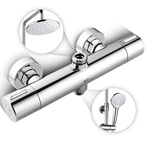 Amzdeal Grifo Ducha Termostático, Griferia Termostática Ducha con 2 salidas altas y bajas, Termostato de ducha con el Botón de Seguridad 38 ℃, Cromo Amzdeal Grifo Ducha Termostático, Griferia Termostática Ducha con 2 salidas altas y bajas, Termostato de ducha con el Botón de Seguridad 38 ℃, Cromo