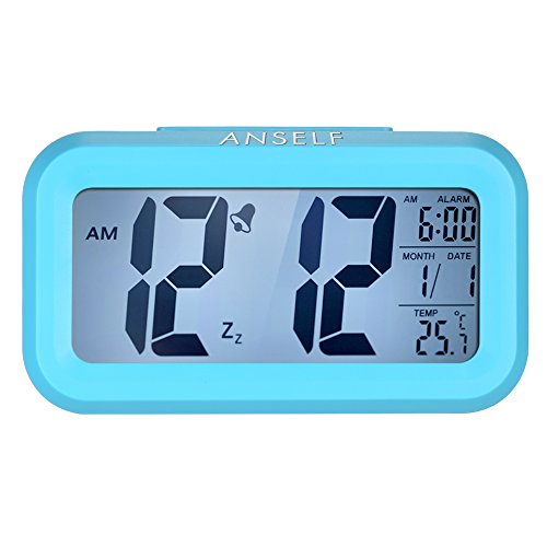 Anself LED Digital Alarma Despertador Reloj Repetición activada por luz Snooze Sensor de luz Tiempo Fecha Temperatura (Azul)