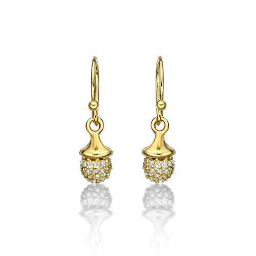 Aretes de Bellota en Oro Amarillo de Plata Esterlina Chapada con Oro Amarillo 18K con Piedras de Circonita Cúbica Blanca . Aretes Colgantes de Bellota Dorados con Bellota de Oro y Cierre de Gancho.