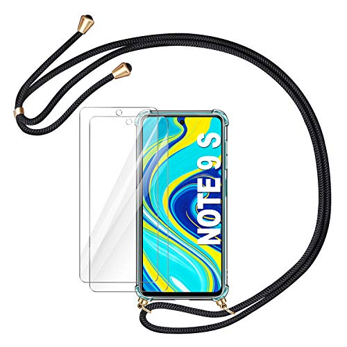 AROYI Funda con Cuerda para Xiaomi Redmi Note 9S / Note 9 Pro/Note 9 Pro MAX + 2 x Protector Pantalla, Carcasa Transparente TPU Silicona Case con Colgante Ajustable Collar Correa de Cordón, Negro