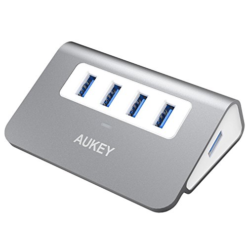 AUKEY Hub USB 3.0 4 Puertos Aluminio SuperSpeed 5Gbps con Cable USB 3.0 100cm y LED USB Data Hub para Apple MacBook, Macbook Air, Macbook Pro, iMac y Ordenador Portátil - Gris