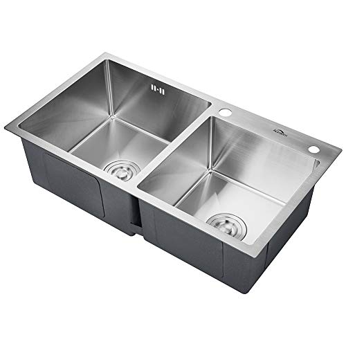 Auralum - Fregadero de Dos Senos 78x43cm de Acero Inoxidable Fregaderos de Cocina con 2 Agujeros de Montaje y Escurridor Fregadero de Acero Inoxidable 304 para Cocina