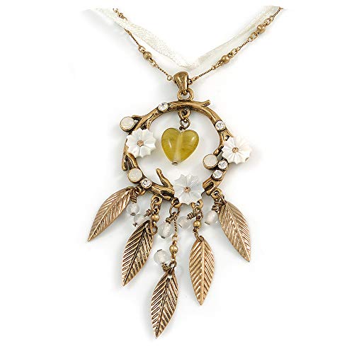 Avalaya - Colgante floral con cuentas de cristal y perlas de nácar en cinta de seda y collar de cadena de tono dorado, 40 cm de longitud/5 cm de extensor