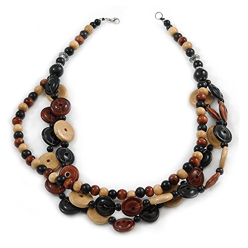 Avalaya Collar de 3 hebras de madera con botón en marrón/negro/natural – 70 cm de largo